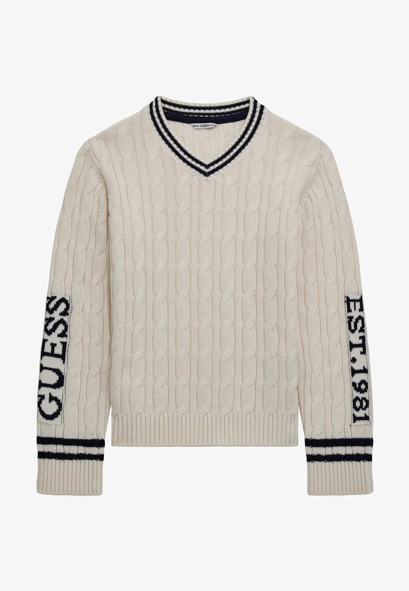 Maglione color crema lavorato a maglia con scollo a V, motivo a trecce e dettagli a righe blu scuro su colletto e polsini. Marchio sulle maniche.