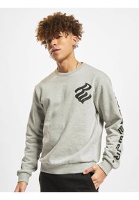 Grå sweatshirt med rund hals, der har et stort sort logo på brystet og sort tekst langs venstre ærme. Behageligt stof.
