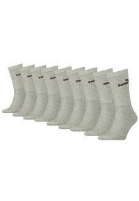 Zehn Paare von hellgrauen Baumwollsocken, knöchellang, mit gerippter Textur und kleinem schwarzen Logo an der Seite.