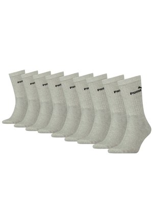Zehn Paare von hellgrauen Baumwollsocken, knöchellang, mit gerippter Textur und kleinem schwarzen Logo an der Seite.