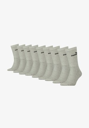 Zehn Paare von hellgrauen Baumwollsocken, knöchellang, mit gerippter Textur und kleinem schwarzen Logo an der Seite.