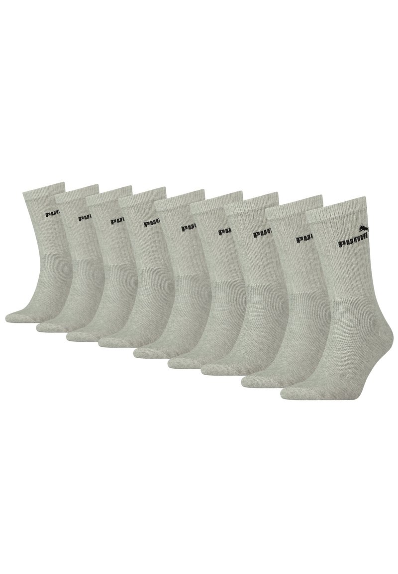 Zehn Paare von hellgrauen Baumwollsocken, knöchellang, mit gerippter Textur und kleinem schwarzen Logo an der Seite.