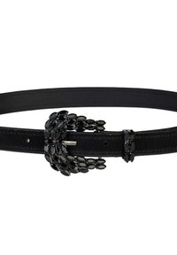 Curea din piele neagră cu suprafață lucioasă, dotată cu o cataramă decorativă din strasuri într-un design complex de frunză. Accentuata cu strasuri suplimentare.