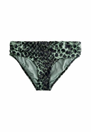 Bikinihose im Leopardenmuster in Grün und Schwarz. Verfügt über ein hochgeschnittenes Design mit gerafftem Stoff an der Taille und einem glatten Innenfutter.