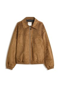 Veste en faux suède marron avec fermeture éclair à l'avant, col pointu, poignets et ourlet élastiques, dotée de poches latérales et d'une texture lisse.