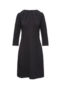 Robe noire ajustée avec un col plissé, des manches trois-quarts et une fermeture éclair au dos. Texture de tissu simple et lisse.