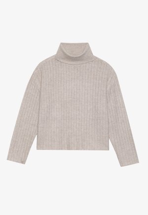 Lys beige ribbestrikket genser med lange ermer og cropped design. Myk tekstur, med en jevn krage og subtilt mønster.