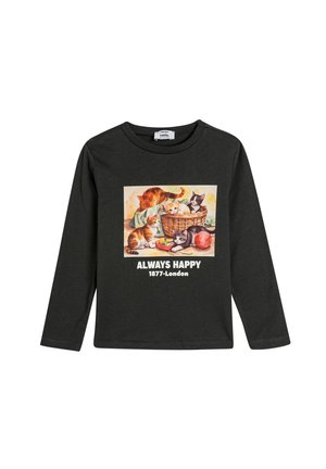 Schwarzes langärmeliges Shirt mit einer bunten Katzenillustration in einem Korb, unter dem Design steht der Text "ALWAYS HAPPY 1877-London".