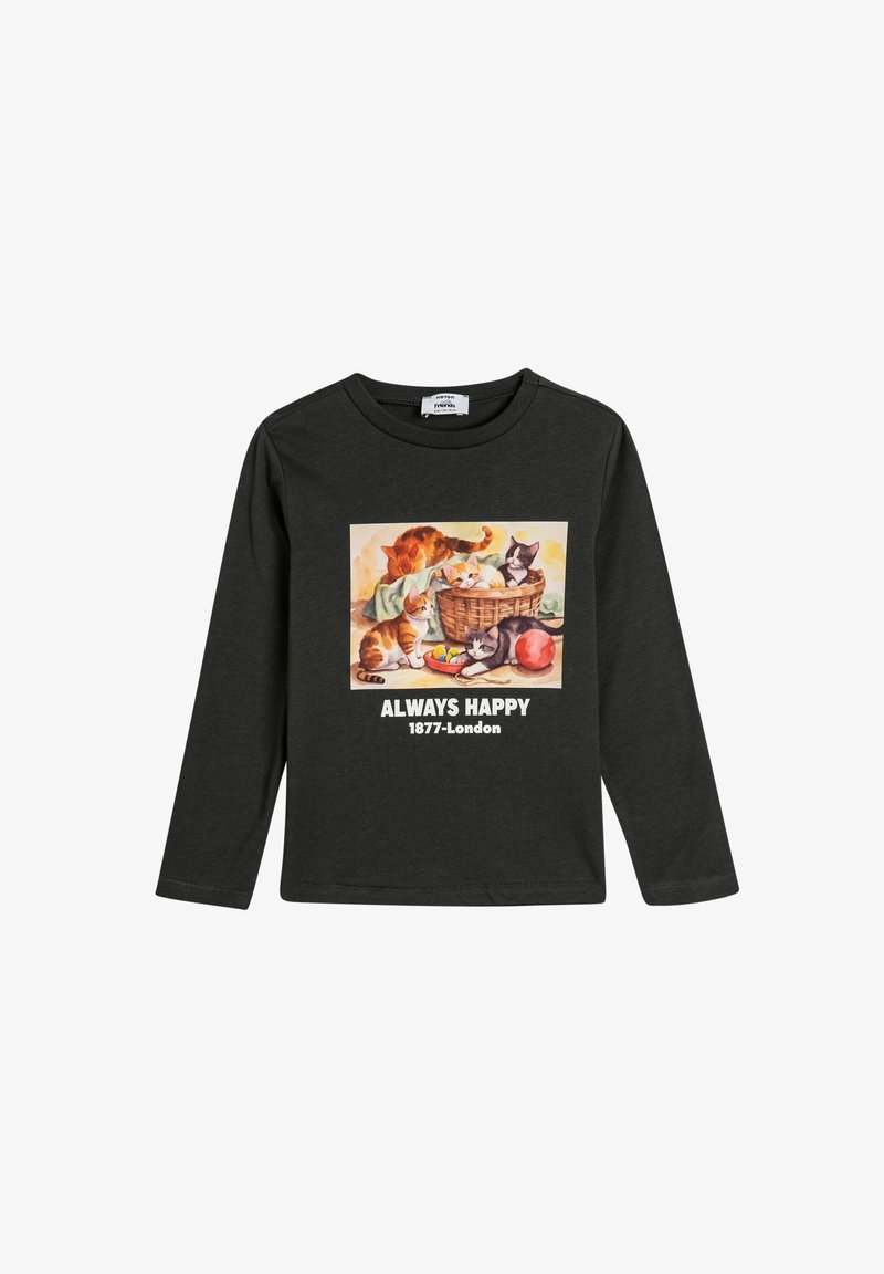 Black long-sleeve shirt featuring a colorful cat illustration in a basket, with the text "ALWAYS HAPPY 1877-London" beneath the design.