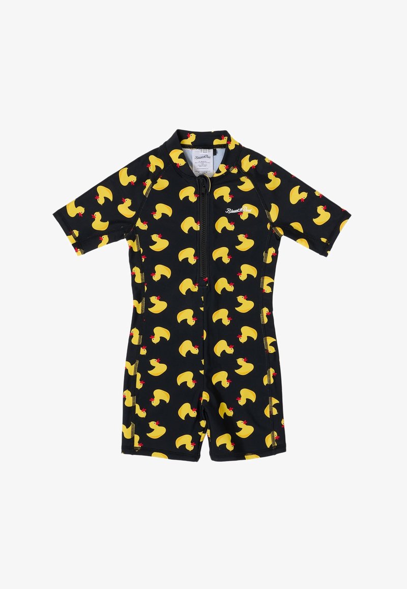 Maillot de bain noir à manches courtes avec fermeture éclair frontale, orné de motifs répétitifs de petits canards en caoutchouc jaunes avec un bec rouge.