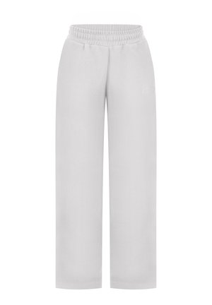 Pantaloni grigi chiari a gamba larga con coulisse elastica in vita e tasche laterali discrete, design semplice, senza loghi o motivi visibili.