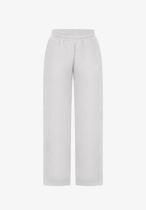 Hellgraue Hosen mit weitem Bein, elastischem Bund und dezenten Seitentaschen, schlichtes Design, keine sichtbaren Logos oder Muster.