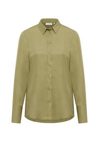 Camicia verde oliva a maniche lunghe con bottoni realizzata in tessuto morbido; presenta un colletto, una patta con bottoni e un orlo arrotondato.
