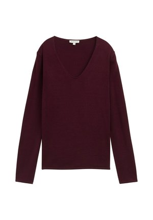 Haut bourgogne à manches longues avec un décolleté en V profond, fabriqué à partir d'un matériau texturé. Présente une coupe décontractée et un ourlet net. Sans motifs ni embellissements.