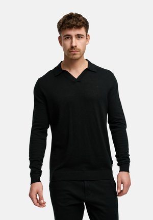 Black long-sleeve sweater with a V-neck and folded collar. Made from a smooth fabric, featuring ribbed cuffs and hem. Subtle logo detail.