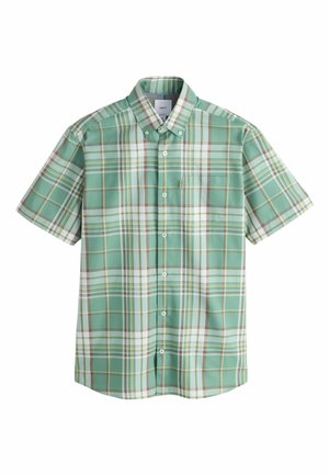 Rövid ujjú, gombos ing zöld, fehér és barna kockás mintával, begombolt gallérral és mellzsebbel, fehér háttéren.