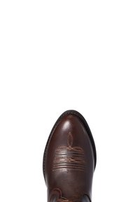 Bota de cuero marrón con costuras decorativas en la puntera, forma redondeada y textura suave, con una suela contrastante.