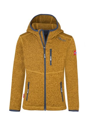Mustard yellow zip-up hooded jacket with blue zipper trims, two front pockets, chest pocket, and Norway flag patch on the sleeve.