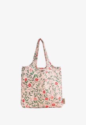 Auduma plecu soma ar rozā fonu, rotāta ar zaļām lapām un sarkaniem ziedu rakstiem. Divi gari rokturi ērtai nēsāšanai.