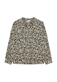 Blouse noire à manches longues avec un petit motif floral crème et un col sans col avec une patte de boutonnage partielle.