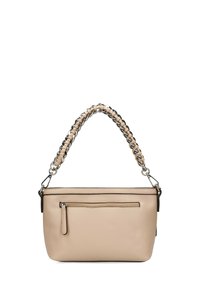 Beige leather handbag with a braided chain strap, top zip closure, and a front zip pocket. Smooth texture and minimalist design.