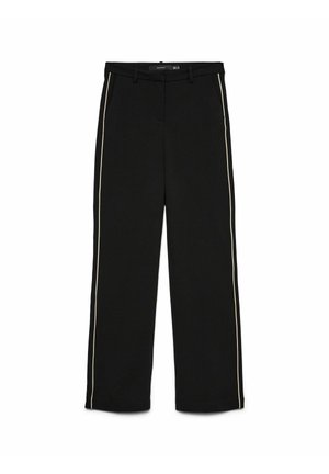 Pantalones negros confeccionados en una tela suave, con rayas laterales beige contrastantes, diseño de pierna recta y bolsillos frontales.