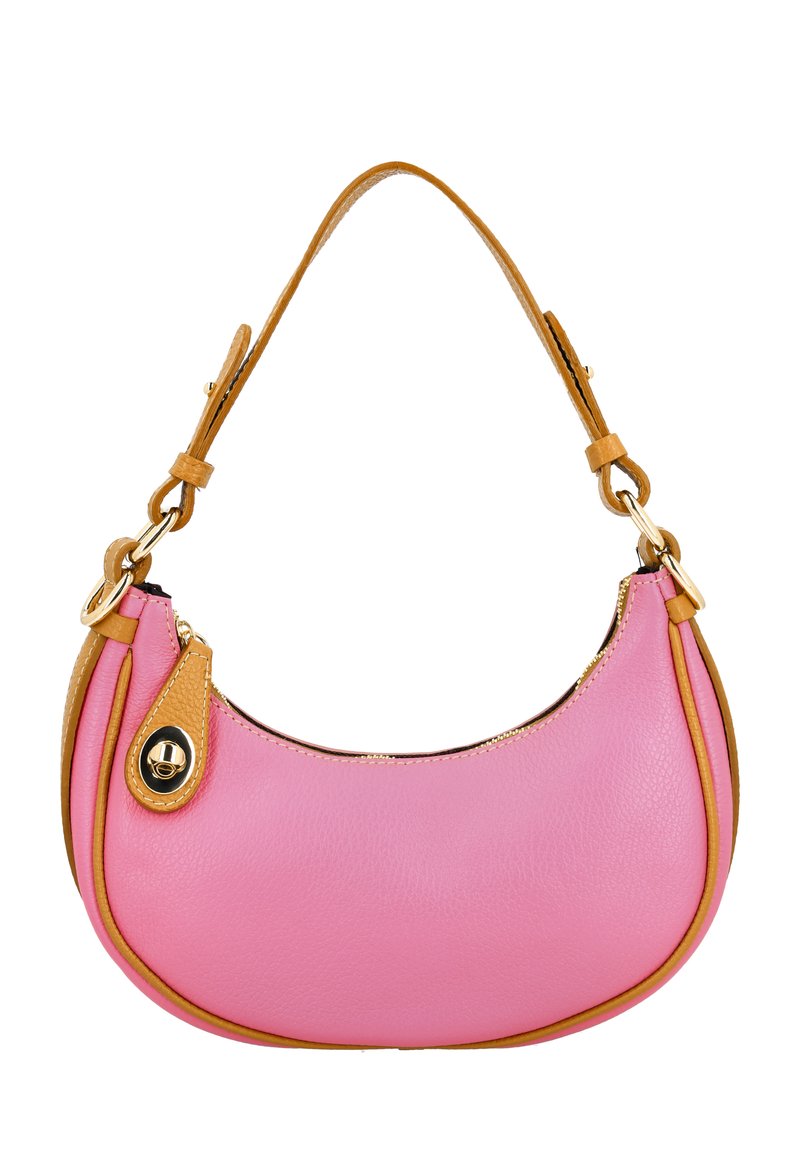 Geantă de piele roz, cu o formă curbată și accente bej. Prezintă un fermoar auriu și o curea detașabilă pentru versatilitate.