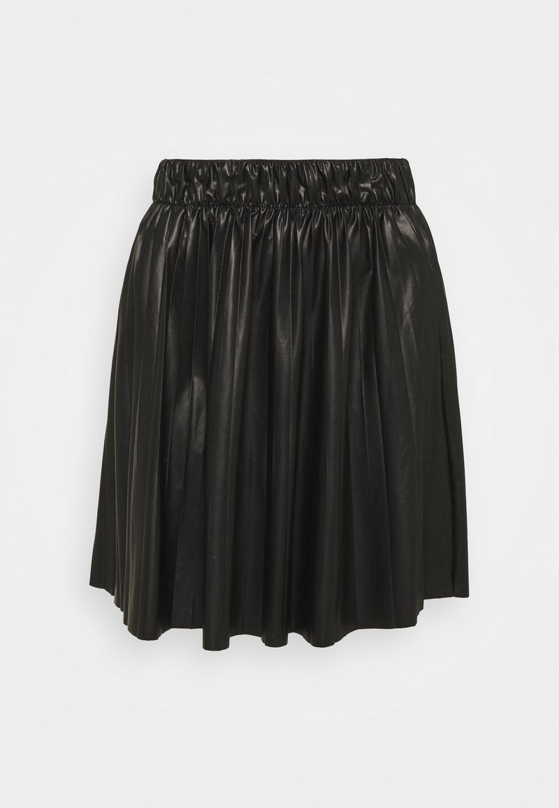 Jupe plissée noire en simili cuir avec ceinture élastique, longueur genou, présentée sur fond blanc uni.