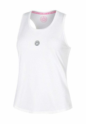 Weißes ärmelloses sportliches Tanktop mit kleinem schwarzem Rundlogo an der Brust und pinkfarbener innerer Nackenlinie.