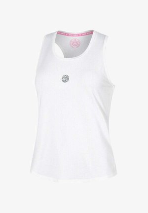 Weißes ärmelloses sportliches Tanktop mit kleinem schwarzem Rundlogo an der Brust und pinkfarbener innerer Nackenlinie.
