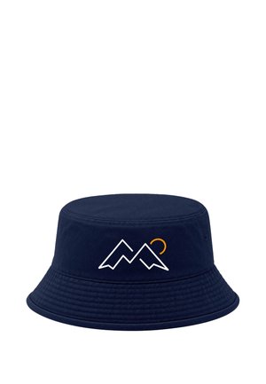Navy blue bucket hat with white mountain outline and small orange semicircle design on front.