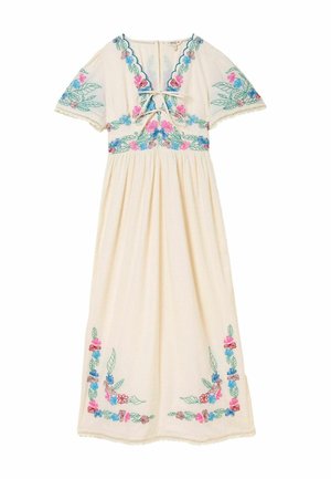 Cream dress with short sleeves, floral embroidery in pink, blue, and green on neckline, sleeves, and hem, and a front tie detail.