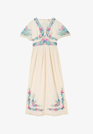 Crèmekleurige jurk met korte mouwen, bloemenborduursel in roze, blauw en groen op de halslijn, mouwen en zoom, en een voorstrikdetail.