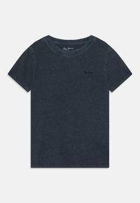 Námořnická modrá bavlněná tričko s kulatým výstřihem, krátkými rukávy a jemným logem poblíž hrudi, s měkkou a hladkou texturou.