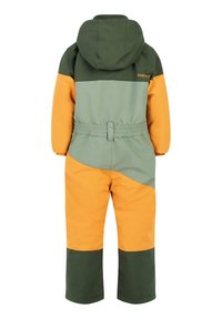Kleurblok sneeuwpak met groene, oranje en grijze panelen. Het heeft een capuchon, elastische taille en gerimpelde manchetten voor een stevige pasvorm.