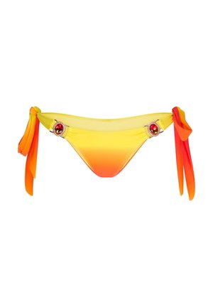 Bikiniunterteil mit Ausschnitten in Gelb- und Orangetönen. Verziert mit dekorativen roten Edelsteinen an den Seiten und Bindebändern für eine verstellbare Passform. Glatte Textur.