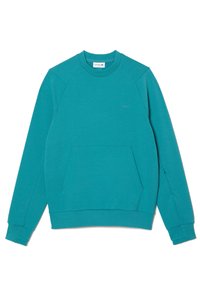 Sudadera en color verde azulado fabricada con un tejido suave, con cuello redondo, mangas raglán y un bolsillo canguro en el frente. Detalle de logo minimalista en el pecho.