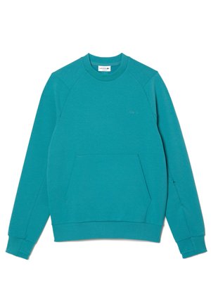 Sudadera en color verde azulado fabricada con un tejido suave, con cuello redondo, mangas raglán y un bolsillo canguro en el frente. Detalle de logo minimalista en el pecho.