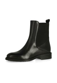 Botín de cuero negro hasta el tobillo con paneles laterales elásticos, un pequeño tacón y una superficie texturizada con detalles perforados cerca del dedo del pie.