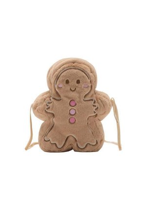 Sac en forme de bonhomme en pain d'épice en peluche avec un visage souriant, des décorations en boutons roses et fines bretelles beige sur un fond blanc.