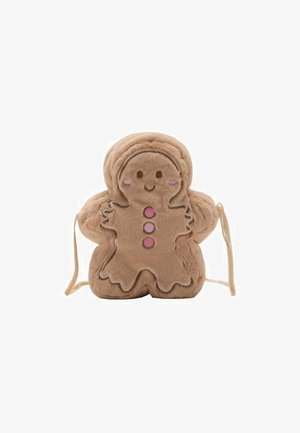 Geantă în formă de om de turtă dulce, din pluș, cu fața zâmbitoare, decorațiuni cu butoane roz și bretele subțiri bej, pe un fundal alb.