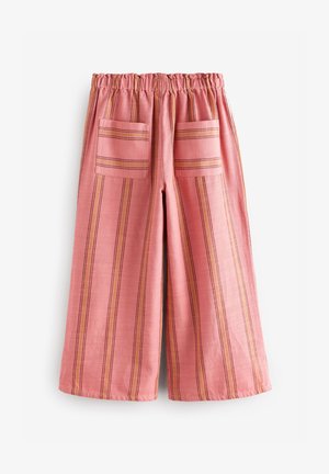 Rožinės, juostuotos kulotės su elastingu juosmeniu ir dviem priekinėmis kišenėmis. Audinys turi tekstūrinį paviršių su vertikaliomis geltonomis ir oranžinėmis linijomis.