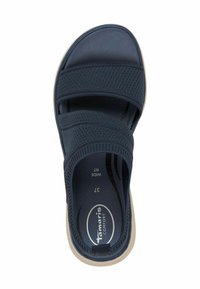 Marine Sandalen mit breiter Passform, strukturierten Bandagen und gepolsterter Sohle. Mit einer runden Zehenpartie und kontrastierendem hellen Besatz. Größe 37.