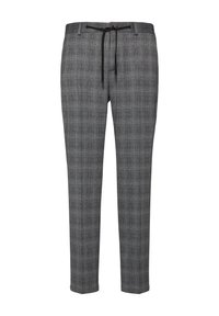 Grijze geruite broek met een subtiel ruitpatroon, elastische tailleband met trekkoord, en een tapered pasvorm. Gemaakt van een textuurstof.