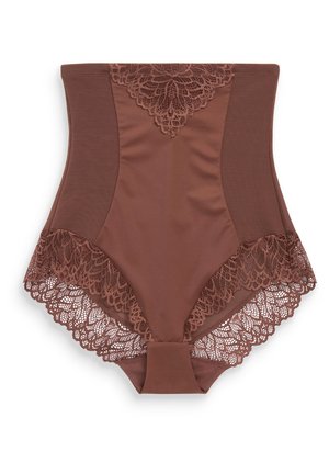 Brune højtaljede trusser med blonder langs kanterne, en glat central panel og intrikate blonderdetaljer foran.