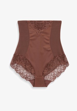 Brown high-waisted brief featuring a lace trim along the edges, with a smooth central panel and intricate lace detailing at the front.