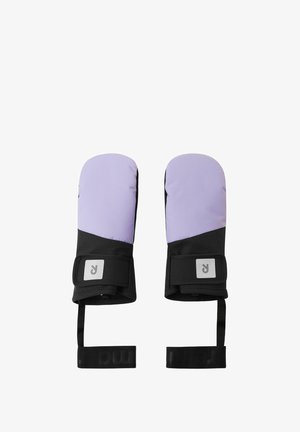 Rękawice w kolorze lawendy i czerni, z wodoodporną powłoką zewnętrzną, regulowanymi paskami na nadgarstkach oraz naszywką z logo na mankiecie.