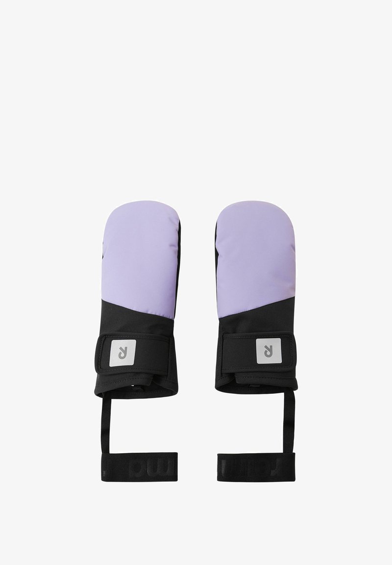 Rękawice w kolorze lawendy i czerni, z wodoodporną powłoką zewnętrzną, regulowanymi paskami na nadgarstkach oraz naszywką z logo na mankiecie.