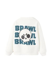 Sweatshirt blanc avec un grand motif de crâne noir et un texte audacieux en turquoise "BRAWL" au dos. Manches et ourlet côtelés. Texture douce.