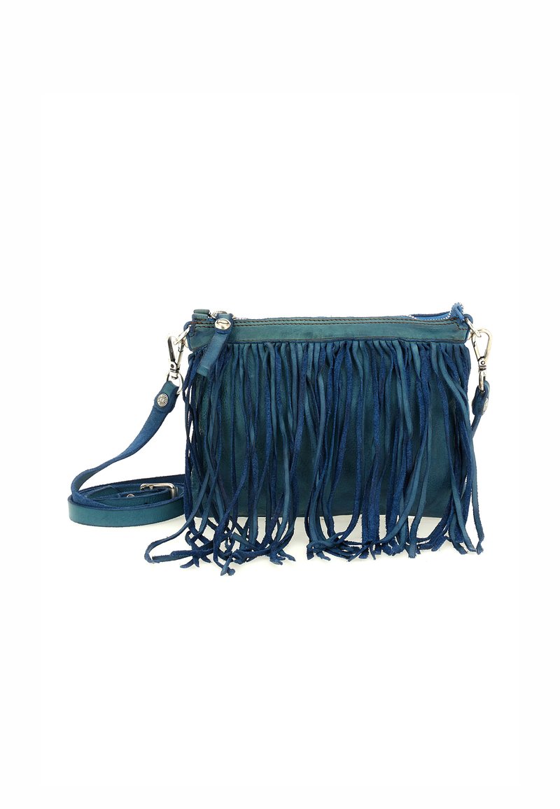 Borsetta a tracolla blu in pelle con frange lunghe, chiusura con zip, tracolla regolabile e finiture in argento. Texture morbida e forma rettangolare compatta.